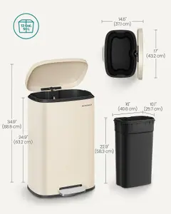 SONGMICS Kitchen Bin, Pedal Bin for Kitchen, Rubbish Bin, Soft Close, Step-On Pedal, Steel, Inner Bucket, Sand Beige