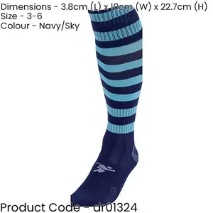 JUNIOR Size 3-6 Hooped Stripe Football Socks - NAVY/SKY BLUE - Contoured Ankle