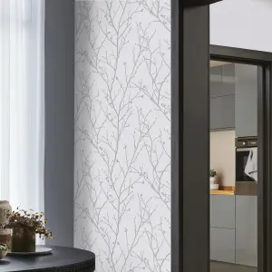 GoodHome Obetia Grey Silver effect Tree Smooth Wallpaper Sample