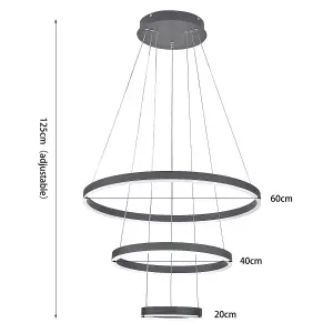 Modern Black 3 Ring Aluminum Round Adjustable Linear Hanging LED Ceiling Pendant Light in White Light