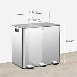 HOMCOM 3 x 15L Triple Kitchen Bin Pedal Bin for Recycling and Waste, Silver