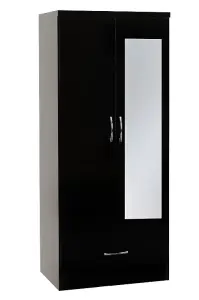 Nevada Mirrored 2 Door 1 Drawer Robe in Black Gloss Finish