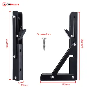 Highdecora Folding Shelf Brackets, 2 Pcs Heavy Duty Foldable Shelf Brackets Metal Wall Mounted Foldable (Black, 10 inch)