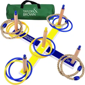 Quoits Garden Game Set with Wooden Ring Toss 5 Rope Rings, 10 Plastic Rings & Carry Bag Fun for Family, Kids, and Adults