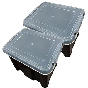 5x Stackable 24 Litre Black Plastic Storage Containers With See Through Transparent Lids For Home/Office