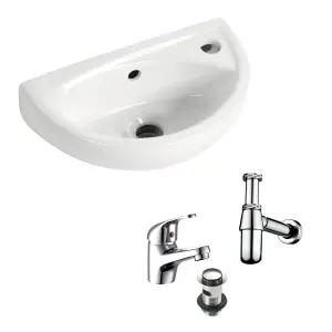 Small Compact Tiny Bathroom Cloakroom Basin Sink Wall Hung Curved with Tap & Bottle Trap