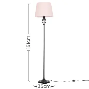 ValueLights Memphis Traditional Style Black Barley Twist Floor Lamp with Pink Tapered Light Shade - with LED GLS Bulb