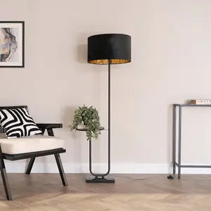 ValueLights Tavel Black Floor Lamp with Table and Black Velvet with Gold Inner Lamp Shade and Bulb