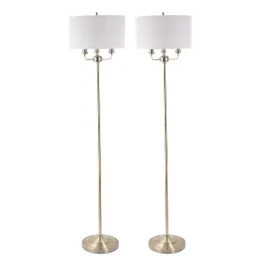 First Choice Lighting Pair of 3 Light Antique Brass Floor Standard Light with Grey Fabric Shade