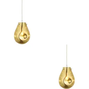 2 PACK Hanging Ceiling Pendant Light - Gold Metallic Glass & Chrome Plate - 10W LED E27