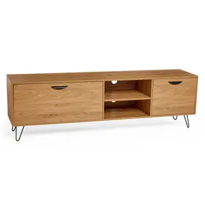 VonHaus TV Unit Oak Wood Effect, Cabinet For TVs up to 80", Large Entertainment Unit w/ 2 Storage Cupboards, 2 Shelves & Pin Legs