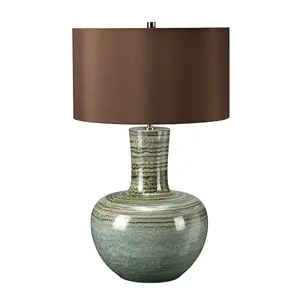 Table Lamp Brown Cylinder Shade Green Stripy Reactive Glaze LED E27 60W Bulb