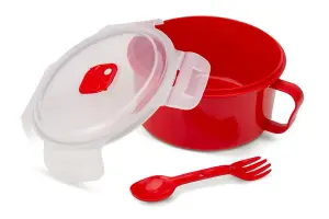 Good2Heat Plus Microwave Cookware Red Round Plastic Steam Vent Dishwasher Safe Food Storage Bowl with Spork 900ml