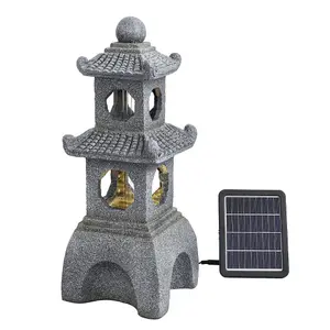 Grey Tiered Pagoda Resin Garden Fountain Water Feature LED Lighted with Solar Panel