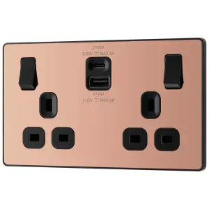 BG Polished Copper Double 13A 22W Raised slim Switched Screwless Socket with USB, x2 & Black inserts