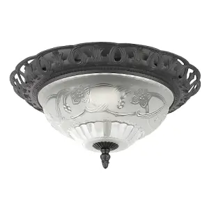 Traditional and Classic Matt Black and Frosted Floral Glass Flush Ceiling Light