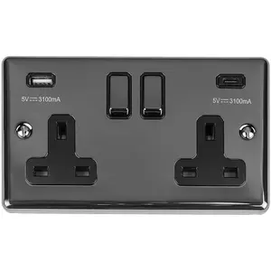 2 Gang Double UK Plug Socket & Dual 3.1A USB-C USB-A BLACK NICKEL 13A Switched