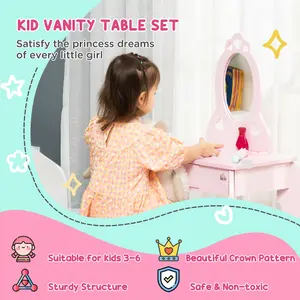 HOMCOM Kids Vanity Table & Stool Girls Dressing Set Make Up Desk with Mirror