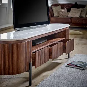 Ancient Mango Wood Large Tv Stand With Marble Top & Metal Legs