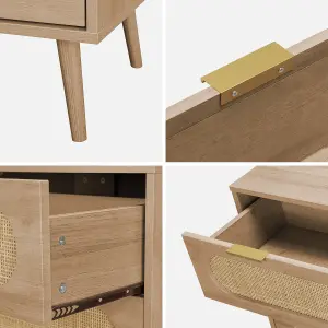 sweeek. 3-drawer chest with wood and rounded cane rattan Eva Natural 90x39x79 cm