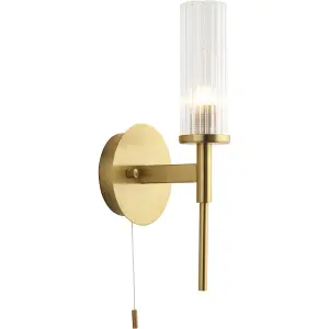 Bathroom Satin Brass Plate Wall Light - Clear Ribbed Glass Shade - Non-Dimmable 3W LED G9