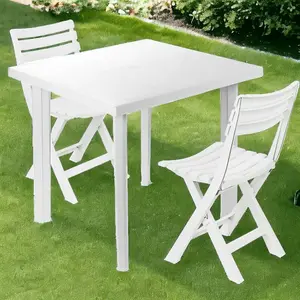 URBN GARDEN 79cm Height White Plastic Garden Dining Table with Chairs Set Patio Deck Outdoor Furniture 3pcs