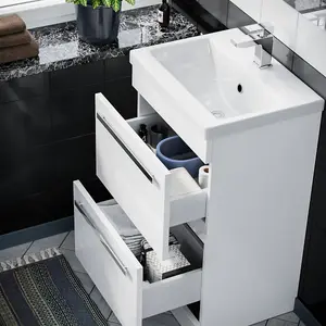 Nes Home 500mm Gloss White 2 Drawer Basin Vanity Cabinet Floor Standing Ceramic Sink