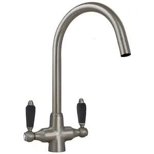 Astini Colonial Brushed Steel & Black Ceramic Handle Twin Lever Kitchen Mixer Tap