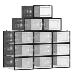 SONGMICS Shoe Boxes, Pack of 12 Stackable Shoe Storage Organisers, Foldable and Versatile for Sneakers,Transparent and Ink Black