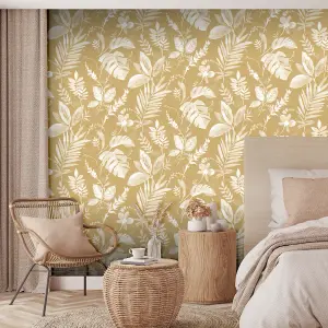 Muriva Yellow Tropical Water coloured effect Embossed Wallpaper