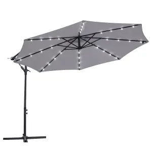 SunDaze 3M Grey Garden Cantilever Banana Parasol with Solar LED Lights Outdoor Patio Umbrella