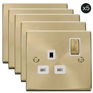 5 PACK - Satin / Brushed Brass 1 Gang 13A DP Ingot Switched Plug Socket - White Trim - SE Home