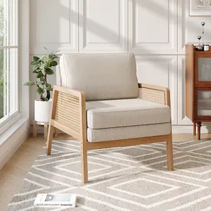 Modern Upholstered Armchair with Wood Frame Rattan Arms Chair in Beige