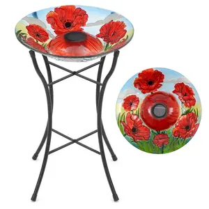 Glass Bird Bath Solar Powered LED Garden Outdoor Decoration Metal Stand Poppy Christow