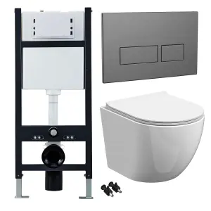 Bubly Bathrooms™ White Rimless Wall Hung Toilet Pan, Seat & 1.13m Concealed Cistern Frame - Gunmetal