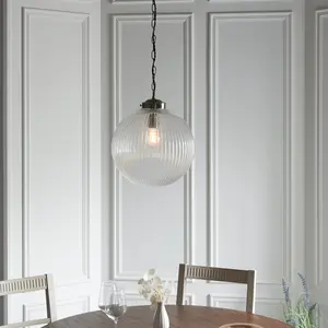 Bateson 1 - Light Globe Pendant Antique Brass/Clear Ribbed Glass / 100cm H x 35cm W x 35cm D