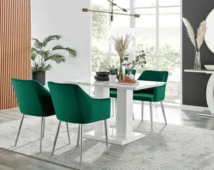 Furniturebox UK 4 Seater Dining Set - Imperia White High Gloss Dining Table and Chairs - 4 Green Calla Silver Leg Chairs