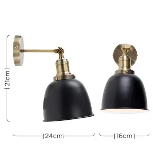 ValueLights Wilhelm 2 x Antique Brass Adjustable Wall Lights with Black Dome Shades and LED Bulb