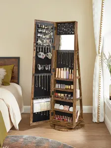 SONGMICS Swivel Jewellery Cabinet, High Full Length Mirror, Jewellery Organiser With Built-In Small Mirror, Rustic Brown