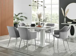 Imperia White High Gloss 6 Seater Dining Table with Structural 2 Plinth Column Legs 6 Grey Velvet Silver Leg Calla Art Deco Chairs