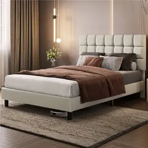 Size Modern Upholstered Bed Frame with Square Tufted Headboard Beige / Kingsize (5')