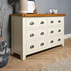 Elm Home And Garden Wide 6 drawer Painted Cream/Off White Chest Of Oak Drawers 78cm High x 128cm Wide x 40cm Deep