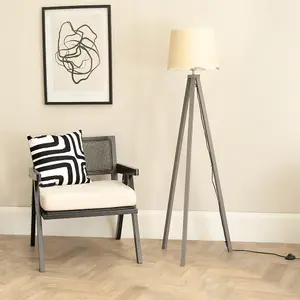 ValueLights Barbro Grey Wood Tripod Floor Lamp with Natural Linen Scallop White Edge Shade and LED Bulb