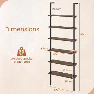 COSTWAY 6-Tier Ladder Shelf Wall Mounted Industrial Bookshelf with Metal Frame