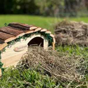 Wooden Hedgehog House Hogitat With Bark Roof & Nesting Straw