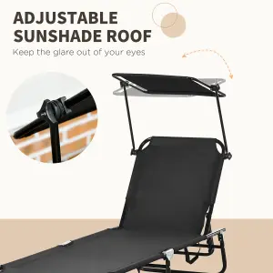 Outsunny 2 Piece Folding Sun Loungers with Adjustable Backrest, Sunshade, Black