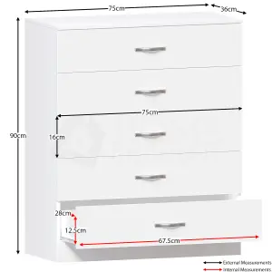 Vida Designs Riano White 5 Drawer Chest (H)900mm (W)750mm (D)360mm