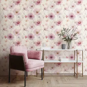 Muriva Lissa Flowers Pink Wallpaper Floral Petals Glamorous Feature Wall