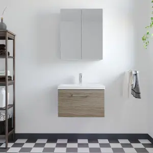 Wall Hung 1 Drawer Vanity Unit with Mid-Edge Ceramic Basin, 600mm - Woodgrain Solace Oak