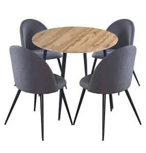 Hallowood Furniture Cullompton Round Dining Table 90cm with 4 Dark Grey Curved Back Fabric Chairs